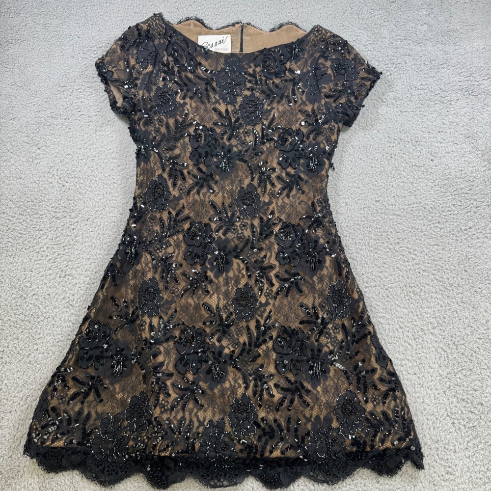 Scaasi Boutique Black Lace Beaded Floral Short Sleeve Cocktail Dress‎ Size 8